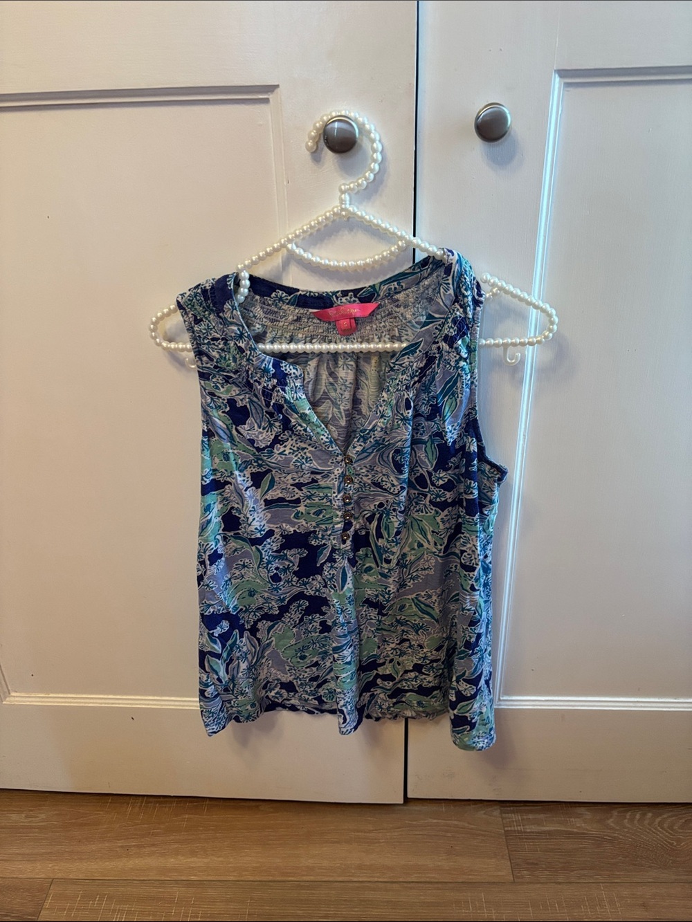 Lilly Pulitzer Navy, Green & Light Blue Sleeveless 100% Cotton Henley Tank Small